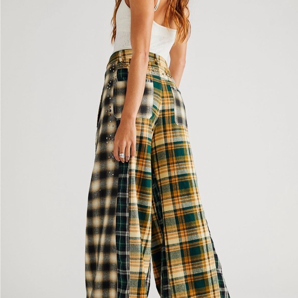 Free People Pants - Free People Studded Mixed Plaid Wide-Leg Pants